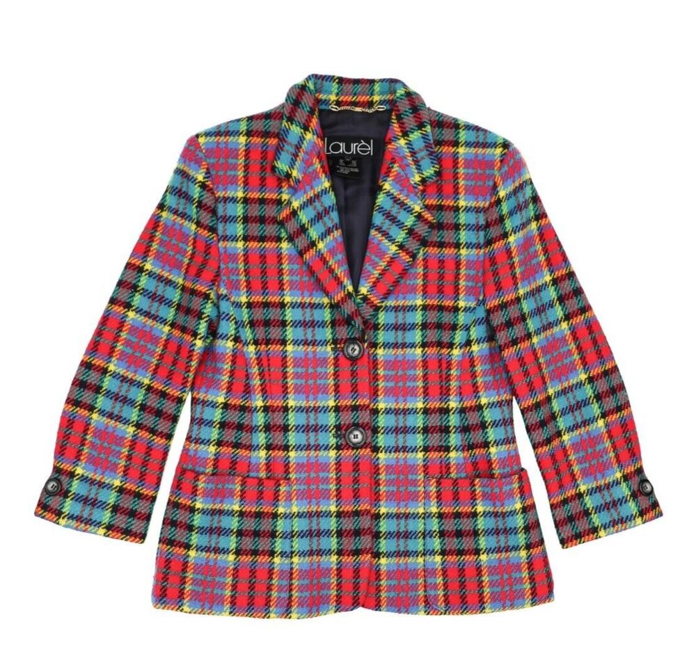 Laurel Wool Multicolor Plaid Blazer Vintage Tartan Single Breasted Size S